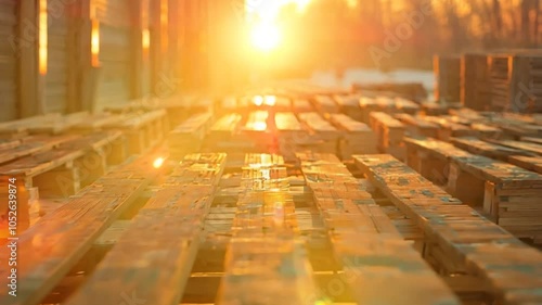 Golden sunlight bathes rows of wooden planks at a lumberyard, creating a serene atmosphere during the late afternoon in early spring photo