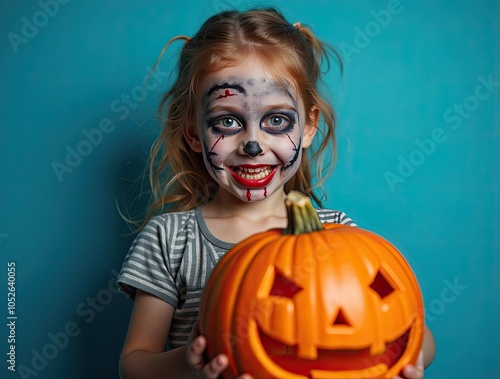 girl with scary zombie makeup and a jack o lantern blue background pumpkin halloween