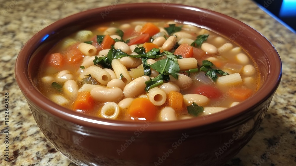 Hearty Vegetable Soup with Beans in Brown Bowl Hearty Vegetable Soup with Beans in Brown Bowl