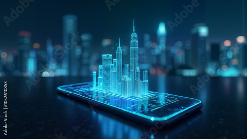 A smartphone displays a stunning holographic city skyline, symbolizing the fusion of technology and urban life. Perfect for tech articles, urban development, and digital innovation themes photo