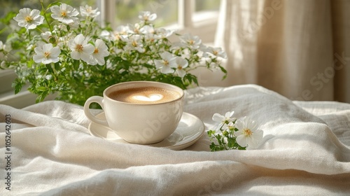 A cup of coffee with a heart design in the foam sits on a white tablecloth with white flowers beside it.