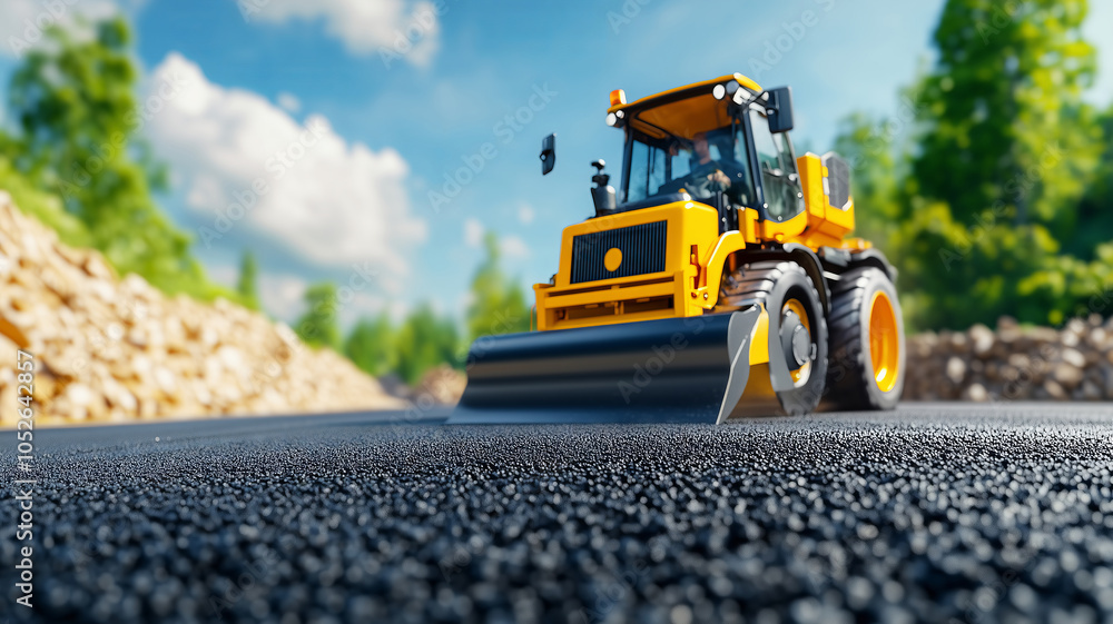 Asphalt paver machine laying fresh pavement on a sunny day outdoors Asphalt paver machine laying fresh pavement on a sunny day outdoors