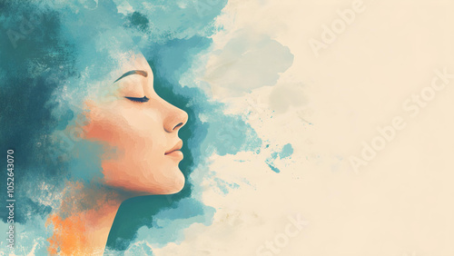 abstract illustration for the mind body wellness with a blue and white water colors copy space