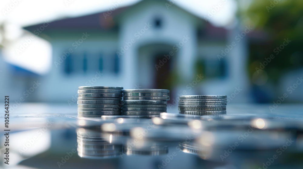 Stacks of coins representing savings and investment opportunities near a modern house Stacks of coins representing savings and investment opportunities near a modern house