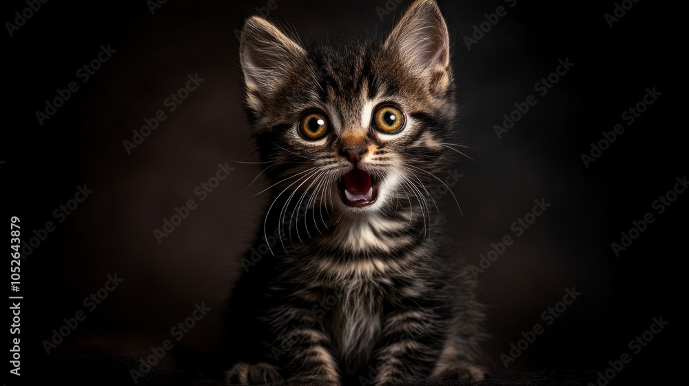 Obraz premium A Shocked cute small cat with yellow eyes facing camera open mouth, Shocked cat, Portrait of Cat, Worried Cat