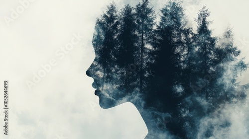 A tranquil double exposure silhouette merging human form with forest scenery at dusk