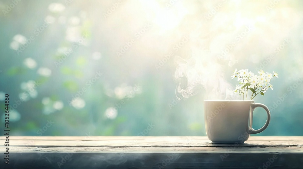 A coffee cup with a plant inside, placed on a table beside a sunlit window A coffee cup with a plant inside, placed on a table beside a sunlit window