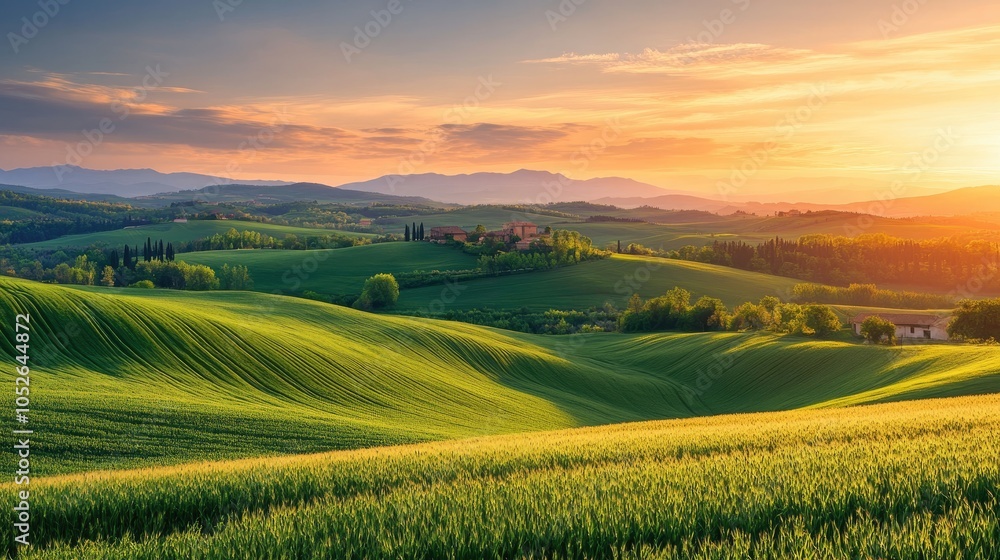 Serene Landscape of Lush Green Fields Under a Beautiful Sunset Serene Landscape of Lush Green Fields Under a Beautiful Sunset