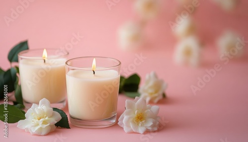 Scented Candles Burning with Flowers on Pink Background - Relaxation, Home Decor, Aromatherapy