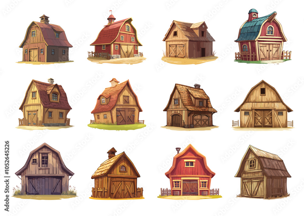Barn building set. Rural countryside house wooden barnyard front exterior. Agriculture warehouse farm animal shelter. Ranch building with doors gates and windows. Cartoon style isolated vector clipart Barn building set. Rural countryside house wooden barnyard front exterior. Agriculture warehouse farm animal shelter. Ranch building with doors gates and windows. Cartoon style isolated vector clipart