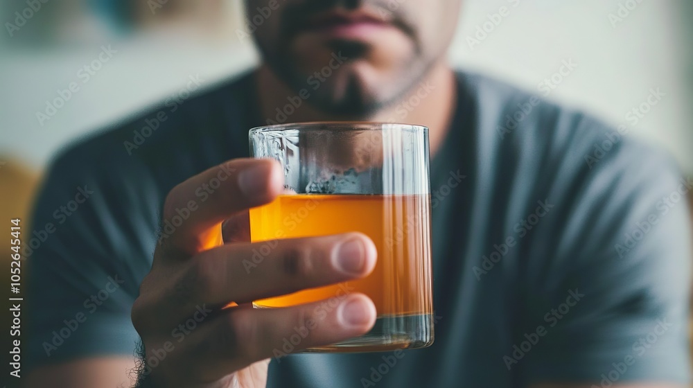 An adult male is holding a glass of orange juice. An adult male is holding a glass of orange juice.