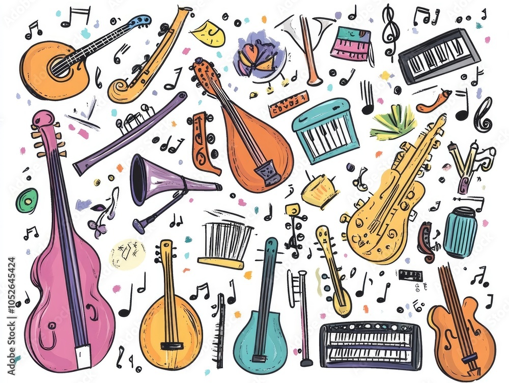 Obraz premium Musical Instruments and Notes: A Vibrant and Colorful Sketch of Various Instruments with Music Notes