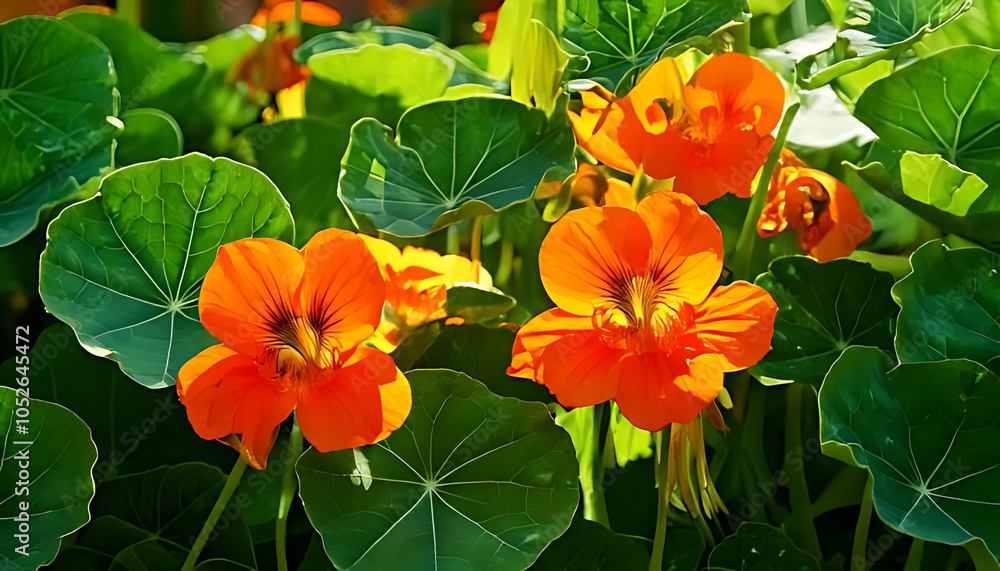 orange nasturtiums bloom green leaves tropaeolum major plants sunny garden beautiful green foliage vibrant orange blooms orange nasturtiums bloom green leaves tropaeolum major plants sunny garden beautiful green foliage vibrant orange blooms