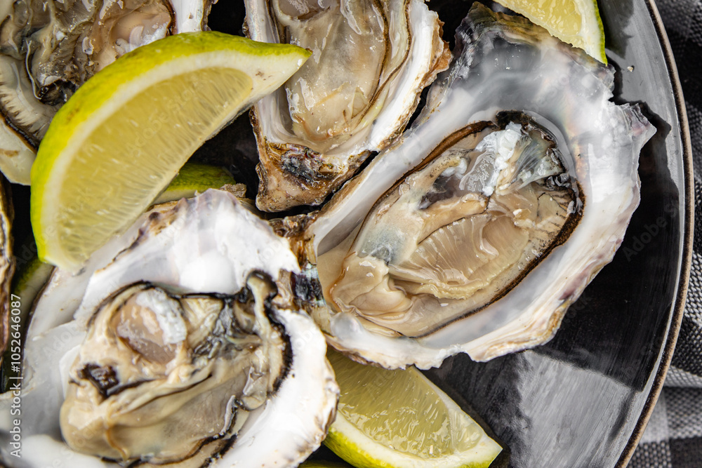 Oysters fresh seafood tasty food dish gourmet food background on the table rustic food top view copy space top view pescetarianism diet Oysters fresh seafood tasty food dish gourmet food background on the table rustic food top view copy space top view pescetarianism diet