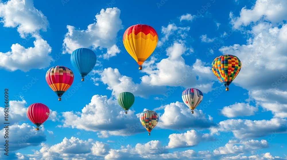 Balloons of many colors floating in a bright blue sky with fluffy white clouds Balloons of many colors floating in a bright blue sky with fluffy white clouds