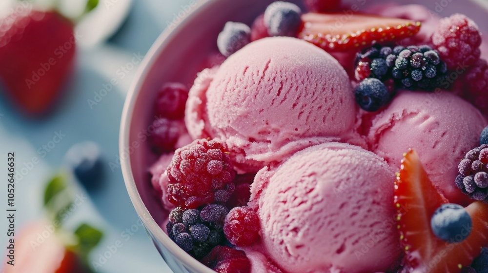 Frozen scoops of strawberry and berry ice cream in a bowl Frozen scoops of strawberry and berry ice cream in a bowl
