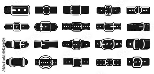 Belt with buckle monochrome black icons set. Waist fashion accessory. Adjustable leather cloth loop design element. Dog collar. Black and white simple flat style. Isolated vector on white background