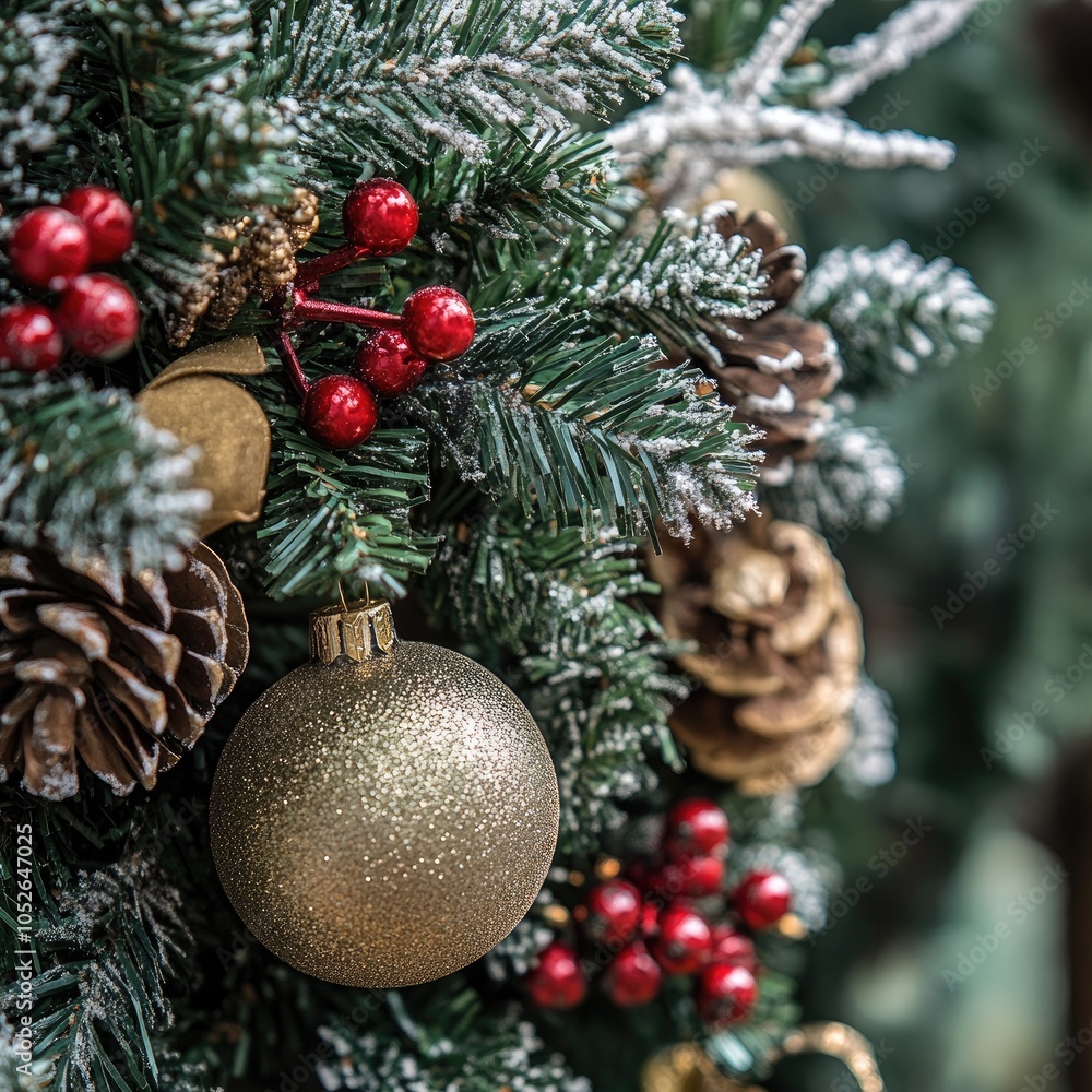 Fototapeta premium Festive Christmas wreath, blurred background, close up