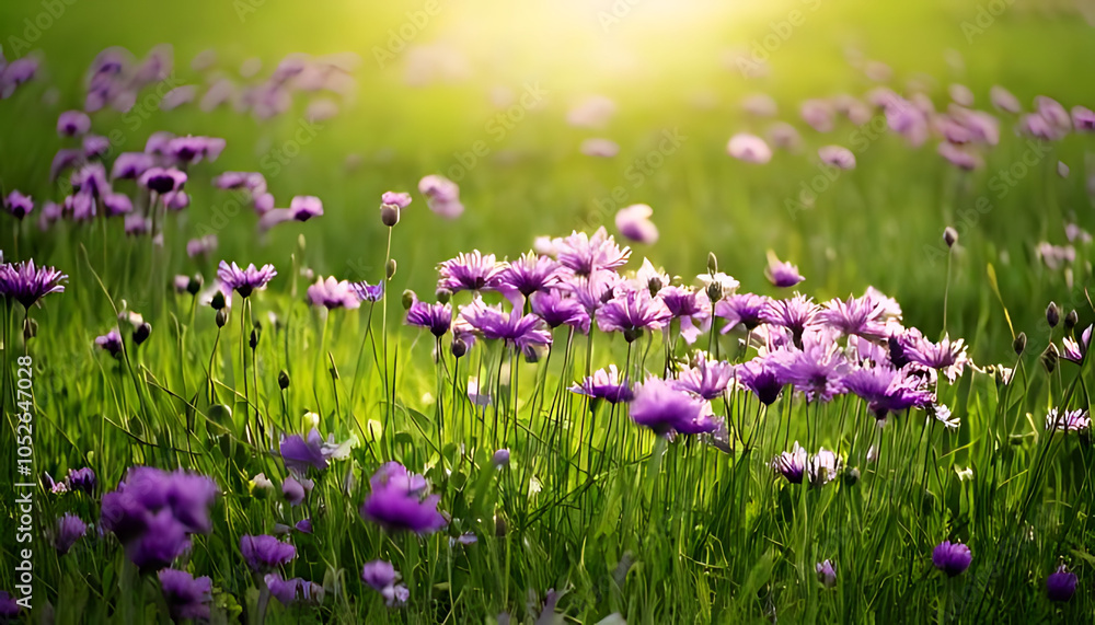 Naklejka premium purple flowers shine green field empty white space around visually appealing