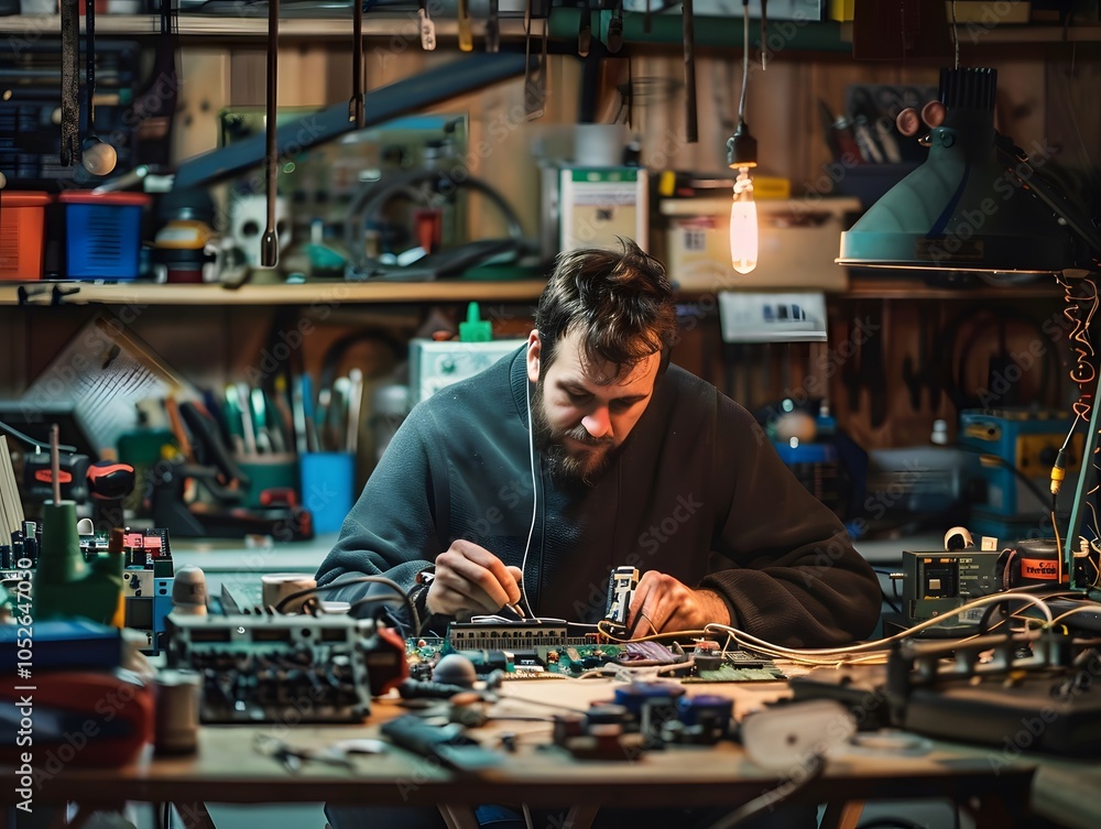 Focused man engaging in hands-on electronics repair Focused man engaging in hands-on electronics repair