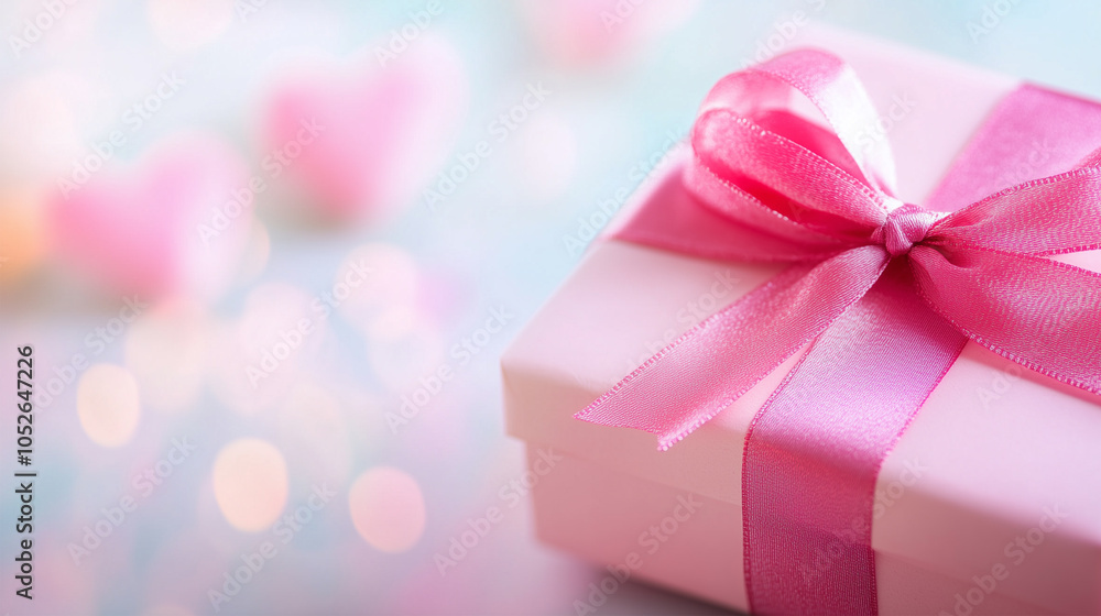 Pink Gift Box with Ribbon and Heart-Shaped Confetti, Perfect for Valentine’s Day, Christmas, or Love Anniversary Card with Copy Space. Pink Gift Box with Ribbon and Heart-Shaped Confetti, Perfect for Valentine’s Day, Christmas, or Love Anniversary Card with Copy Space.