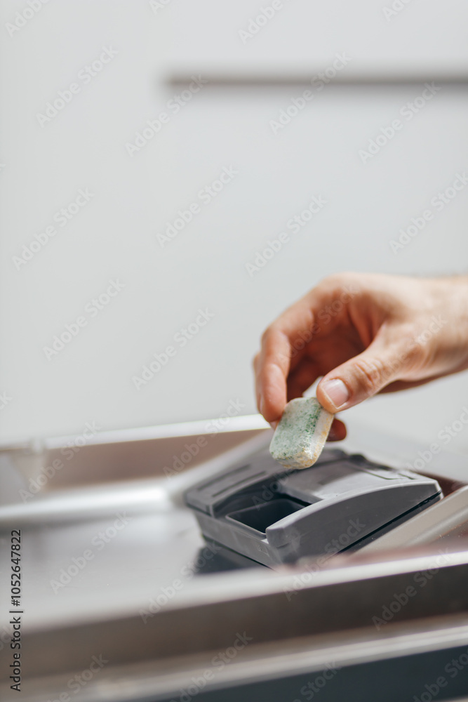 Man putting detergent tablet into open dishwasher indoors, closeup