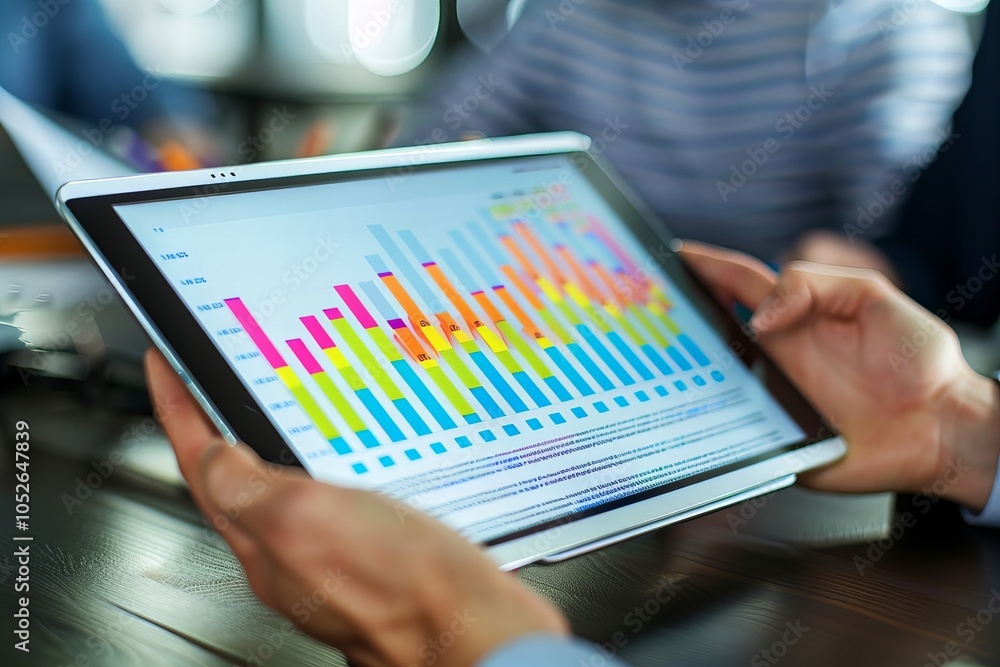 Business partners comparing a dynamic bar graph with a text table from an over-the-shoulder perspective Business partners comparing a dynamic bar graph with a text table from an over-the-shoulder perspective