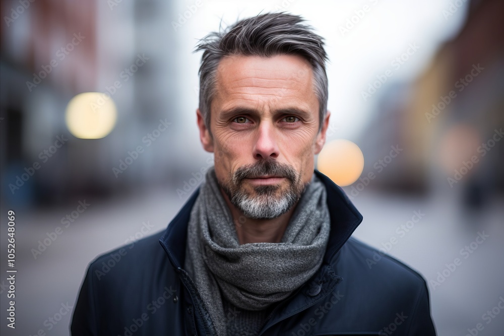 Portrait of a handsome middle-aged man with a gray beard, wearing a black coat and gray scarf. Portrait of a handsome middle-aged man with a gray beard, wearing a black coat and gray scarf.