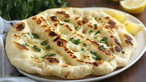 Freshly Baked Naan with Herbs and Lemon Slices