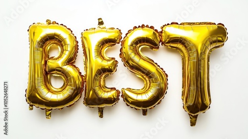 Golden inflatable balloons shaped as the word BEST on a white background Helium gold foil balloons ideal for promotional and festive decorations photo