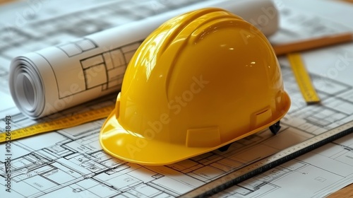 Construction helmet and tools on blueprints with sunlight in an active workspace