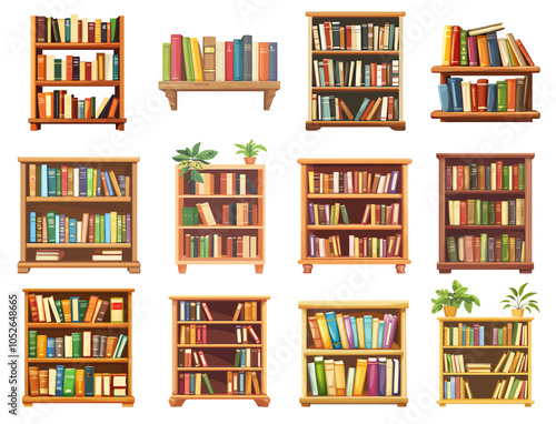 Bookcase with books set. book shelve with books. Wooden furniture for the library. Education paper book. Bookstore, bookshop, book lover, reading, interior element. Cartoon style isolated vector