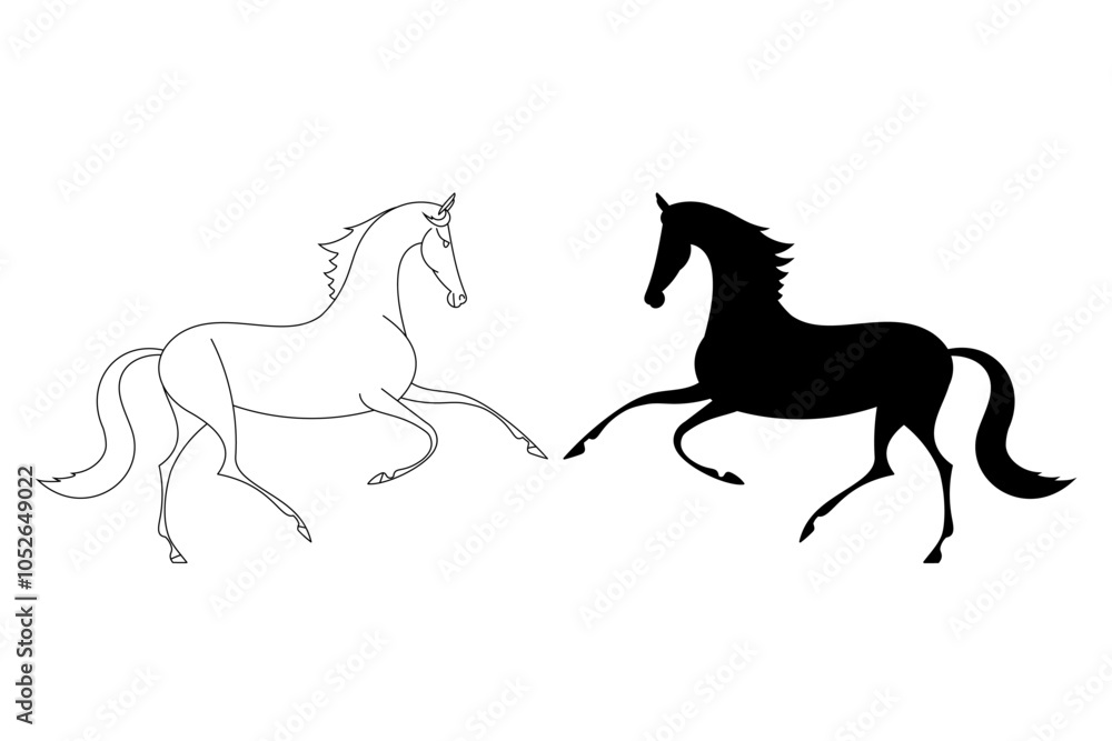 Silhouette of two horses in mirrored positions, one in black and the other in white, isolated on a white background Silhouette of two horses in mirrored positions, one in black and the other in white, isolated on a white background