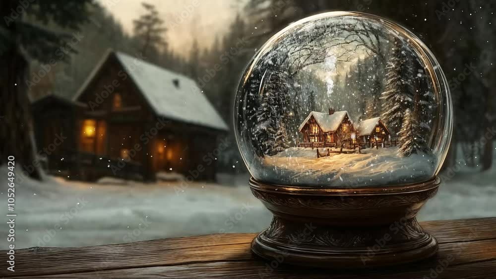 Snow globe with winter village scene inside, glowing houses and snowflakes outside