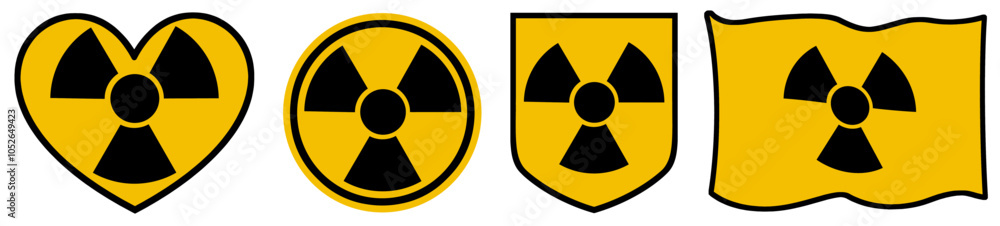 Fototapeta premium Radiation Hazard Sign vector. Black symbols on yellow background. Heart, Circle, Shield and Flag