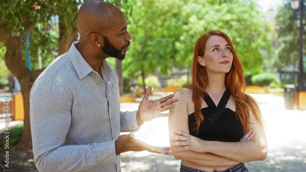 Woman and man in an interracial couple having a serious discussion in a sunny urban park, showcasing emotions and relationship dynamics Woman and man in an interracial couple having a serious discussion in a sunny urban park, showcasing emotions and relationship dynamics