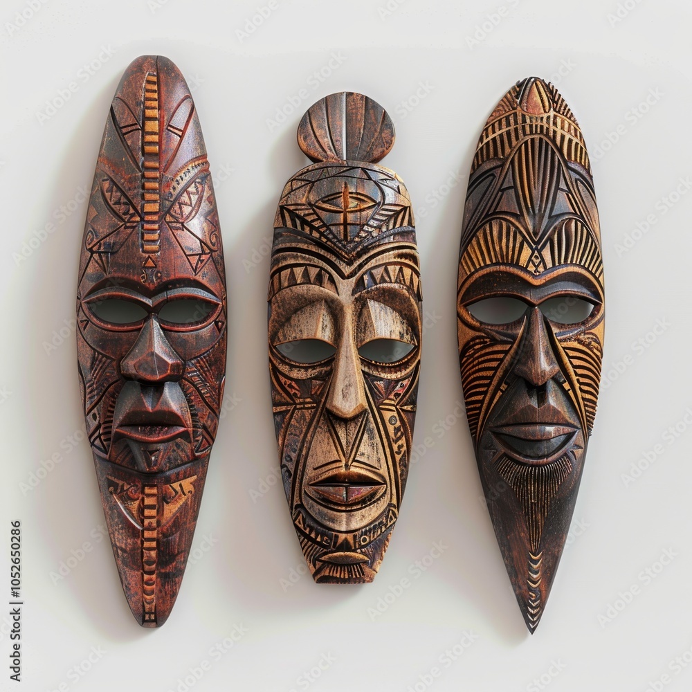 Naklejka premium Wooden African Tribal Masks Set Isolated, Traditional Wooden Mask Carving on White