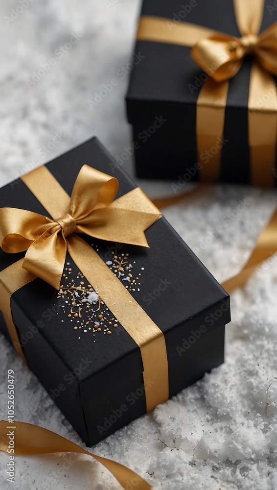 Black gift box with gold ribbon in snow Black gift box with gold ribbon in snow