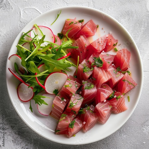 Ahi Tuna Seviche with Radish Slices and Rucola on White Plate Top View, Raw Fish Fillet Called Cebiche