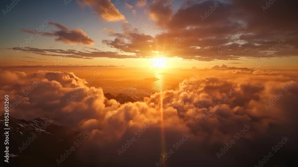 A beautiful sunset over a sea of clouds, creating a vibrant orange and golden sky A beautiful sunset over a sea of clouds, creating a vibrant orange and golden sky