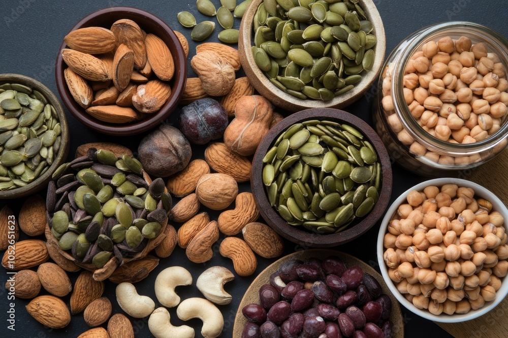 Variety of nuts and seeds displayed on dark background promoting healthy eating habits Variety of nuts and seeds displayed on dark background promoting healthy eating habits