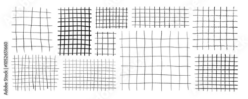 Crayon drawn grids for notes. Square grid and striped patten for hand drawn notepads. Checked wallpaper print for collages. Geometric plaid pattern with pencil lines and strokes. Striped paper.