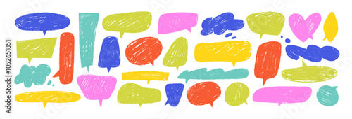 Cute colorful crayon texture speech bubble set. Crayon chalk speech bubble shapes. Vector charcoal communication symbols, cloud message. Comic talk balloon vector set in childish funky style.