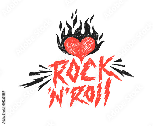 Rock'n'roll grunge illustration with crayon drawn red flame heart, lightnings and lettering. Hand drawn vector punk poster with grunge crayon texture. Old retro design of rock and roll poster.