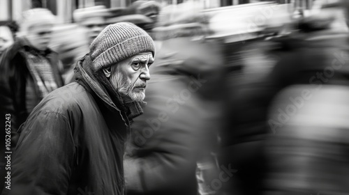 An elderly man in a beanie jacket stands still amidst a blurred crowd, exuding introspection and calm, capturing the fast pace of life around him beautifully.