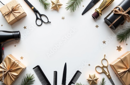 Wallpaper Mural template for New Year and Christmas greetings from a hairdresser or information about hairdressing. Black brushes for hair coloring, hair dryer, scissors, balls and gifts on a white background Torontodigital.ca