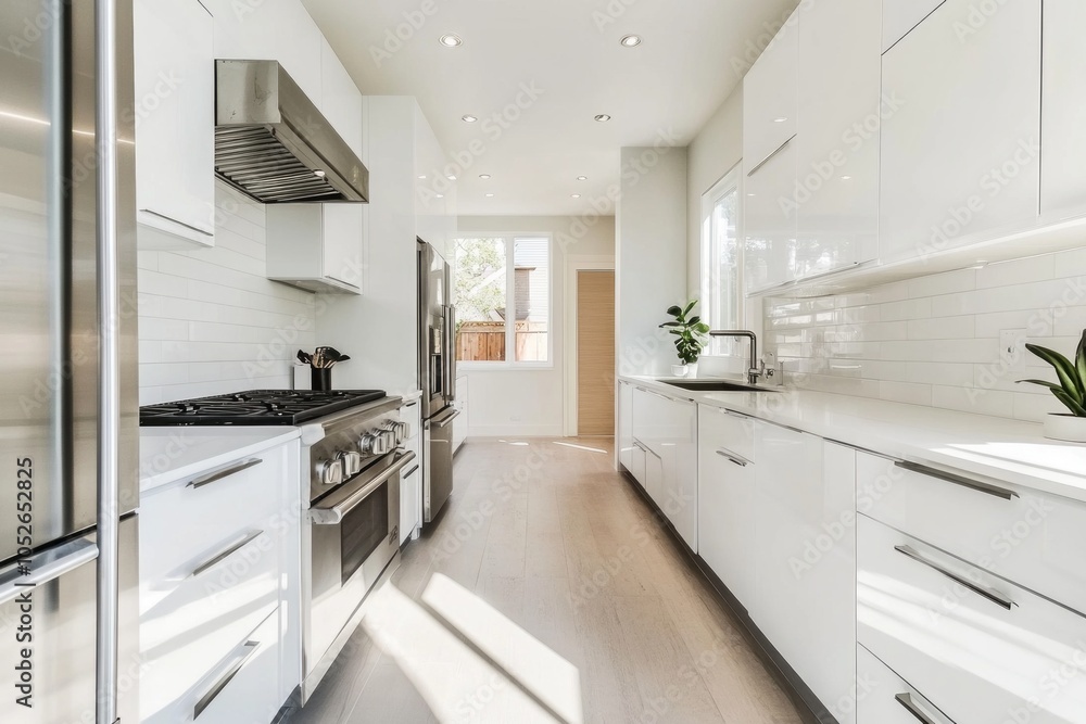 A modern kitchen featuring white glossy plain ceramic tiles as a backsplash, paired with sleek white cabinets and stainless steel appliances for a clean, minimalist look