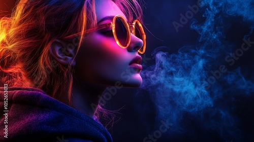 Woman in sunglasses blowing smoke in colorful lighting.