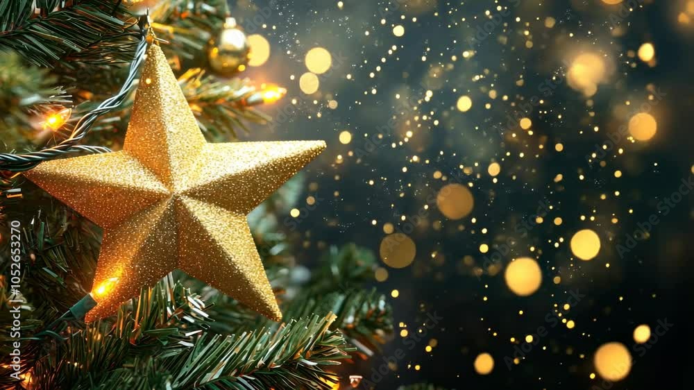 Golden star ornament on festive christmas tree with sparkling lights and holiday bokeh background, perfect for celebrating merry christmas and happy new year Golden star ornament on festive christmas tree with sparkling lights and holiday bokeh background, perfect for celebrating merry christmas and happy new year