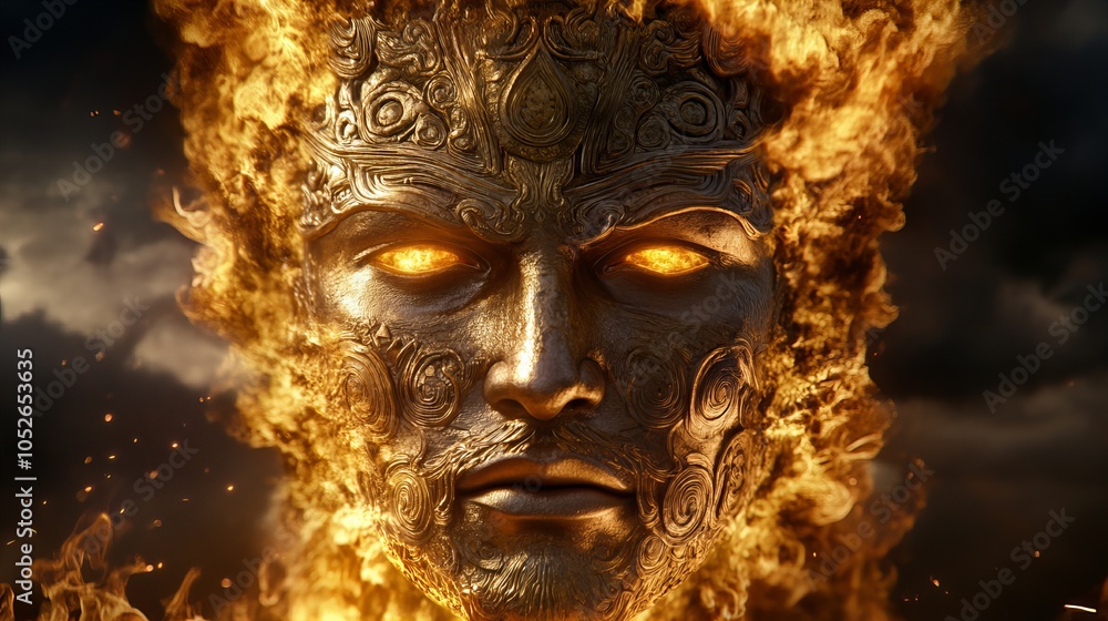 A close-up of a golden statue of a man's face engulfed in flames. A close-up of a golden statue of a man's face engulfed in flames.